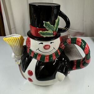Fitz & Floyd Snack Therapy Snowman Teapot Cup Cocoa For One Christmas 2003 w Box